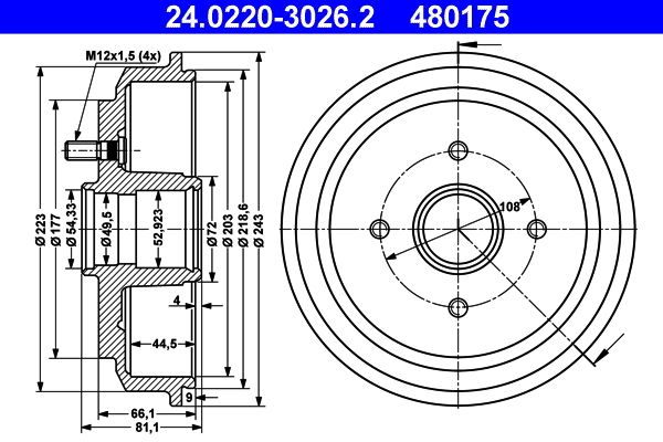 ATE 24.0220-3026.2 Brake Drum