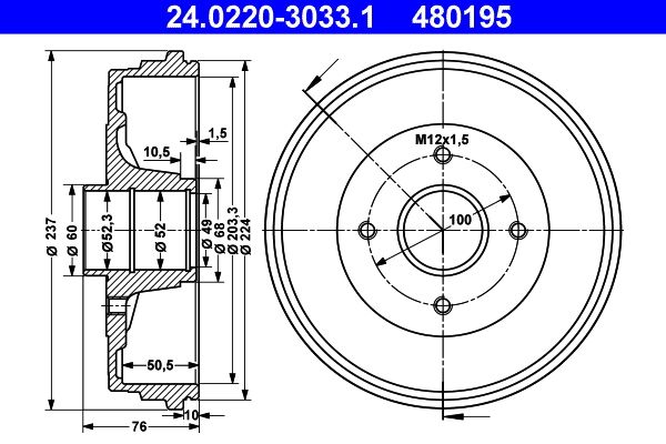 ATE 24.0220-3033.1 Brake Drum