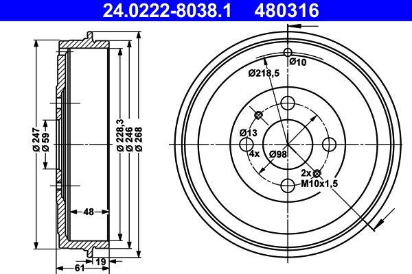 ATE 24.0222-8038.1 Brake Drum