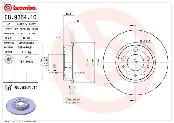 BREMBO 08.9364.10 Brake Disc