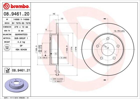 BREMBO 08.9461.21 Brake Disc