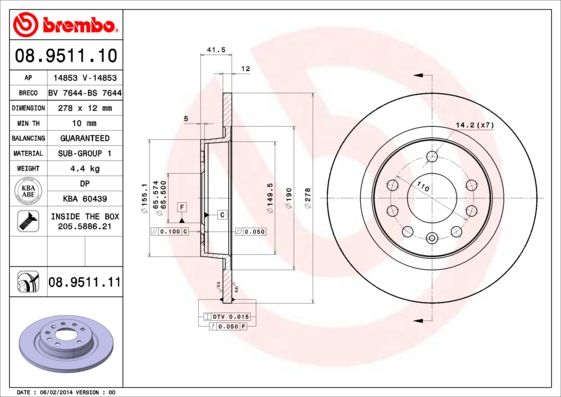 BREMBO 08.9511.10 Brake Disc