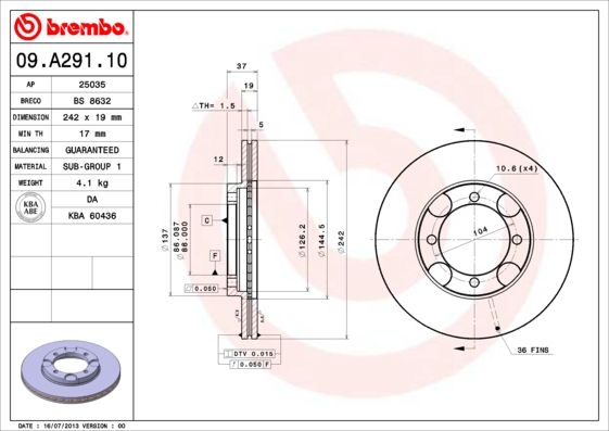 BREMBO 09.A291.10 Brake Disc