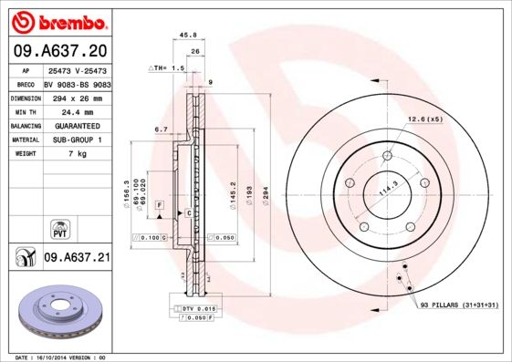 BREMBO 09.A637.21 Brake Disc