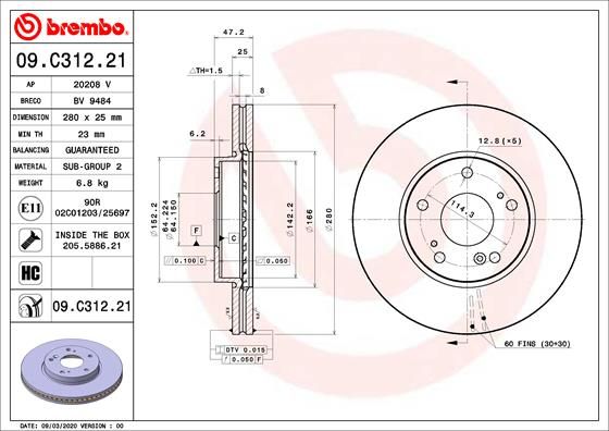 BREMBO 09.C312.21 Brake Disc