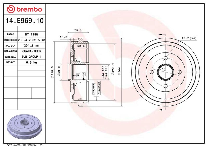BREMBO 14.E969.10 Brake Drum