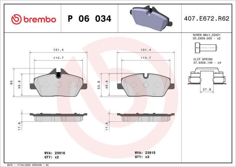 BREMBO P 06 034X Brake Pad Set, disc brake