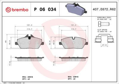 Brake Pad Set, disc brake BREMBO P 06 034X