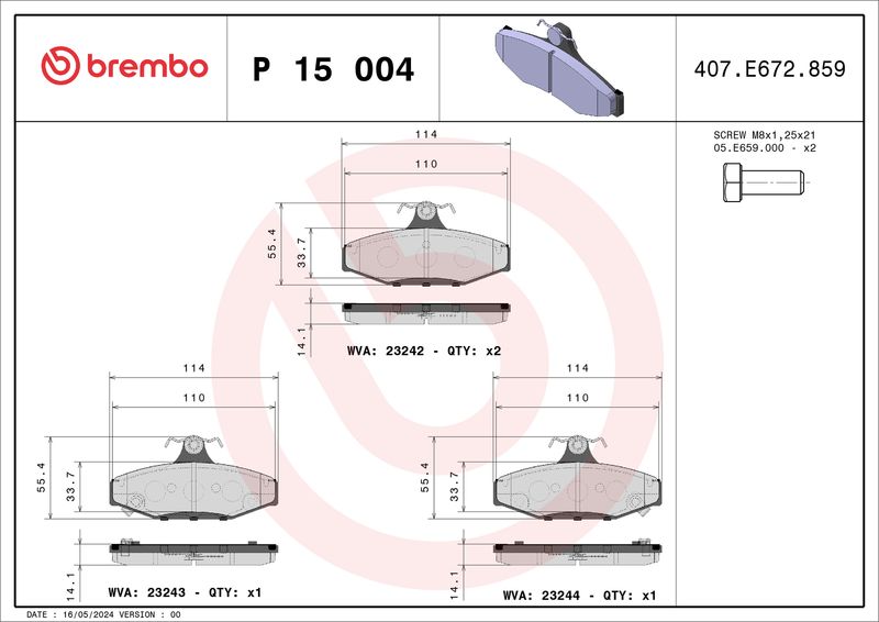 BREMBO P 15 004 Brake Pad Set, disc brake