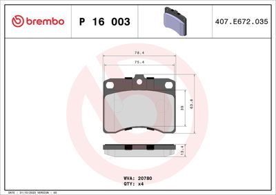 Brake Pad Set, disc brake BREMBO P 16 003