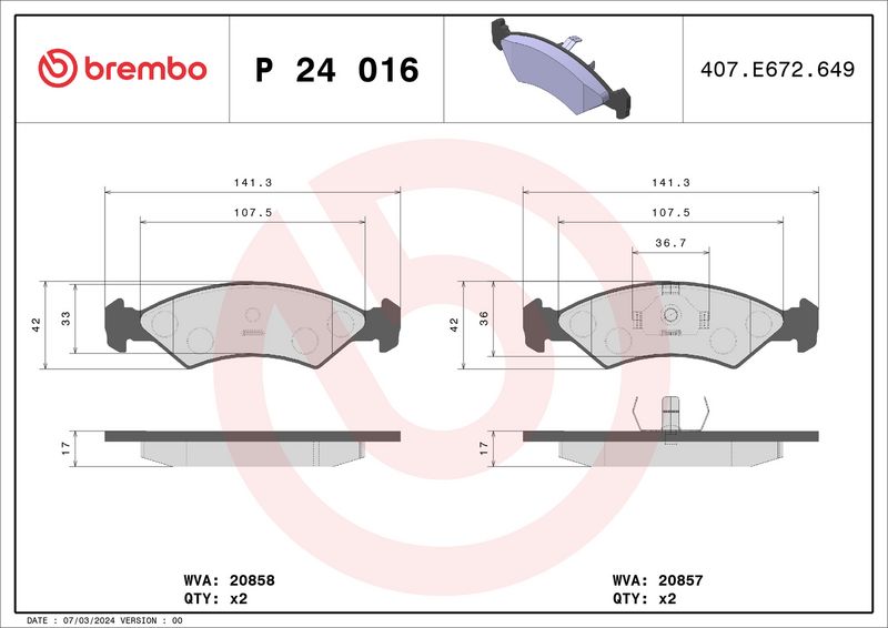 BREMBO P 24 016 Brake Pad Set, disc brake