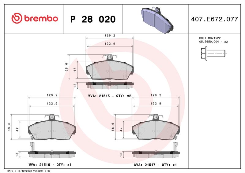 BREMBO P 28 020 Brake Pad Set, disc brake
