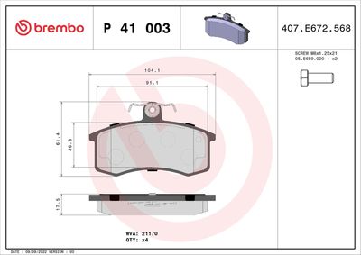 Brake Pad Set, disc brake BREMBO P 41 003