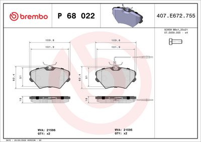 Brake Pad Set, disc brake BREMBO P 68 022
