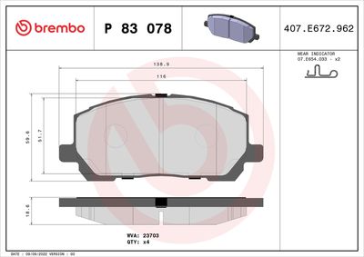 Brake Pad Set, disc brake BREMBO P 83 078