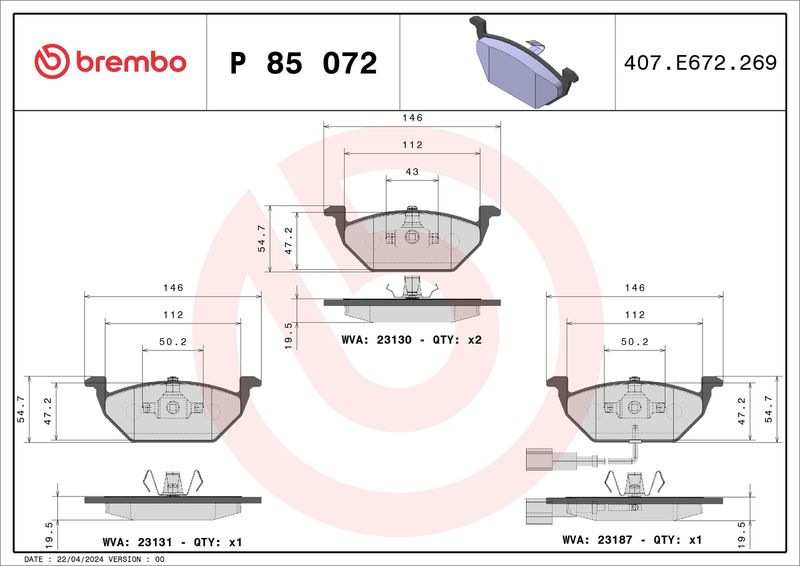 BREMBO P 85 072X Brake Pad Set, disc brake