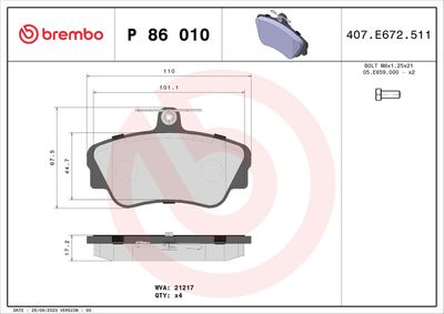 Brake Pad Set, disc brake BREMBO P 86 010