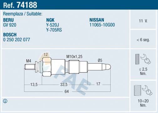 FAE 74188 Glow Plug