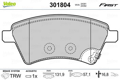 Brake Pad Set, disc brake VALEO 301804