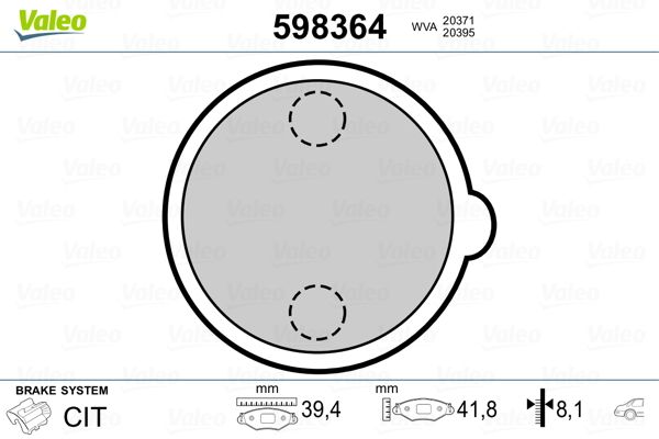 VALEO 598364 Brake Pad Set, disc parking brake