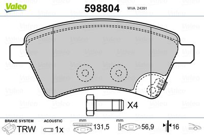 Brake Pad Set, disc brake VALEO 598804